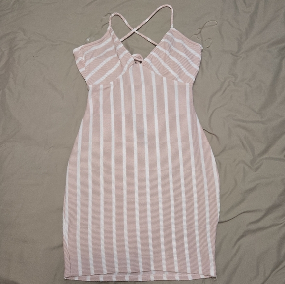 Striped Pink and White Criss Cross Back Mini Dress - Picture 1 of 6